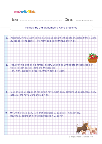 5th Grade Math worksheets with answers - multiplying 2-digit by 2-digit numbers word-problems