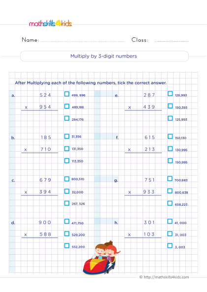 5th Grade Math worksheets with answers - How to multiply 3 digit numbers by 3 digit numbers