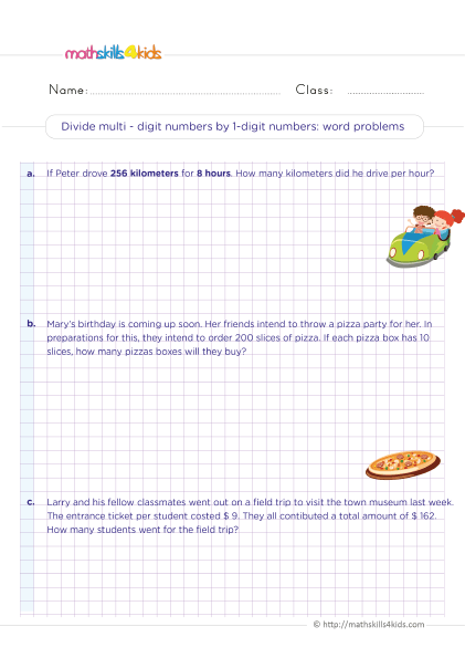 5th Grade Math worksheets with answers - Dividing multi-digit numbers by 1-digit numbers word problems