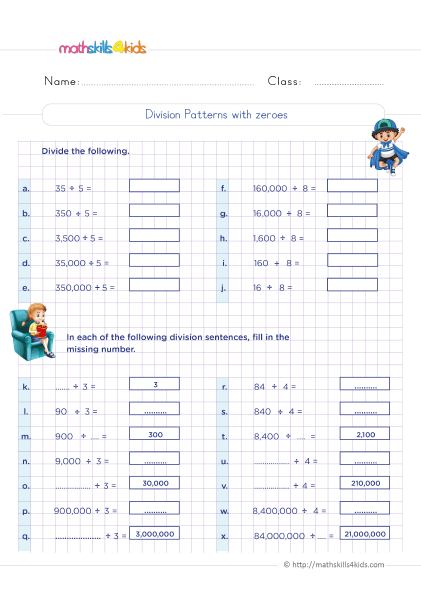 5th Grade Math worksheets with answers - Solving division patterns over increasing place values