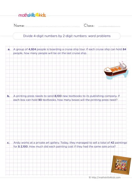 5th Grade Math worksheets with answers - Dividing 4-digit by 2-digit numbers word problems