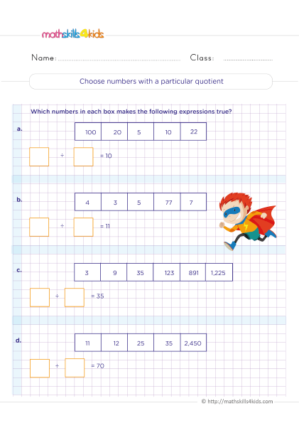 Grade 5 division worksheets: Free & printable - choose numbers with a particular quotient - complete the division sentence