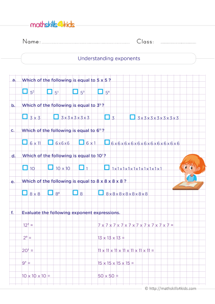5th Grade Math worksheets with answers - The basic rules of exponents practice - understanding exponents
