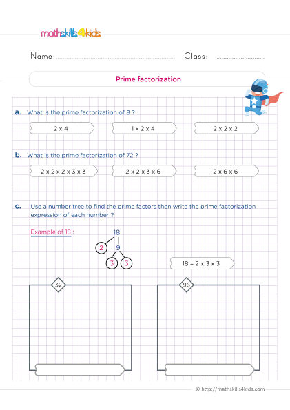 5th Grade Math worksheets with answers - How do you solve prime factorization questions
