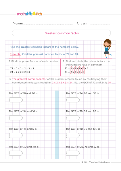 5th Grade Math worksheets with answers - How to find the greatest common factor
