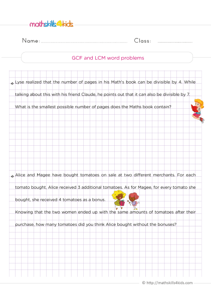 Grade 5 number theory worksheets: Free download - Finding the LCM and GCF of a word problem