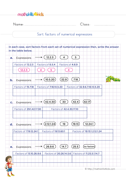 5th Grade Math worksheets with answers - Sorting factors of numerical expressions