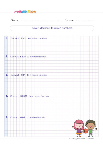 5th Grade Math worksheets with answers - Converting decimals to mixed numbers practice