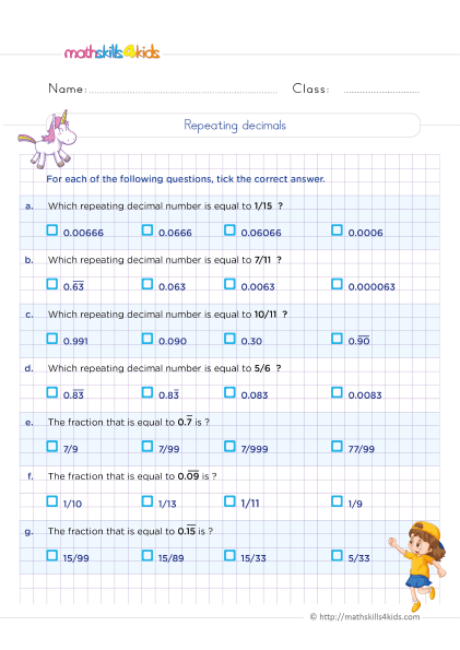 Printable decimal worksheets for Grade 5 with answers - Repeating decimal or recurring decimal or non terminating decimal practice