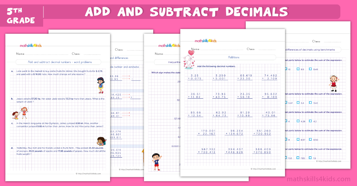 Grade 5 Adding And Subtracting decimals worksheets Free Printable