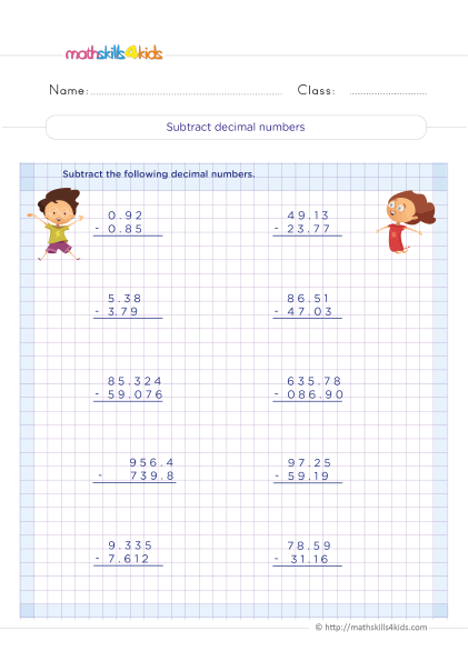 5th Grade Math worksheets with answers - Subtraction of decimals practice - How to subtract decimal number