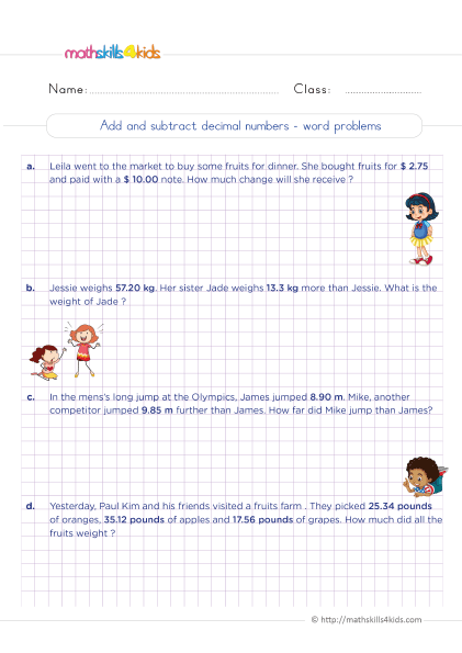 5th Grade Math worksheets with answers - Addition and subtraction of decimals word problems with answers