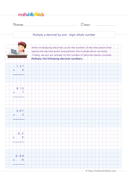5th Grade Math worksheets with answers - Estimating decimal products - How to estimate decimals when multiplying