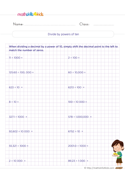 Dividing decimals made easy: Top 5 worksheets for fifth graders - Dividing by powers of 10