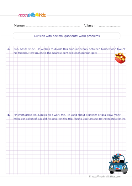 5th Grade Math worksheets with answers - Division with decimal quotients word problems practice