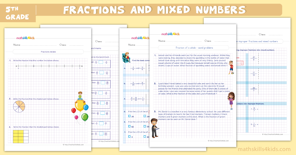 Fifth-Grade Math Worksheets with Answers Pdf - fractions and mixed numbers worksheets for grade 5