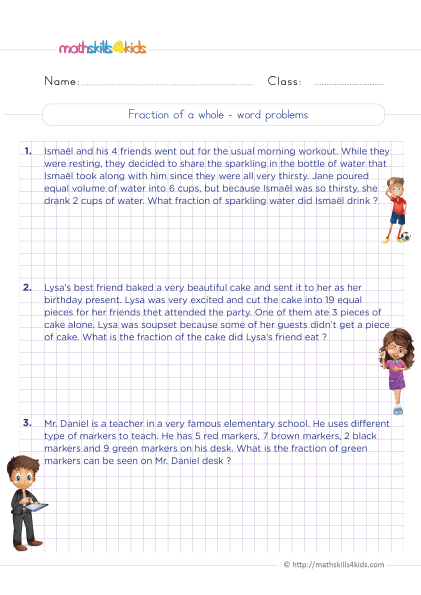 5th Grade Math worksheets with answers - How to find a fraction of a whole word problems practice