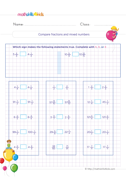 Grade 5 fractions worksheets: Convert mixed numbers & improper fractions - Comparing fractions and mixed numbers