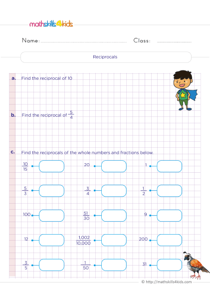 5th Grade Math worksheets with answers - Understand what does a reciprocal of a fraction mean