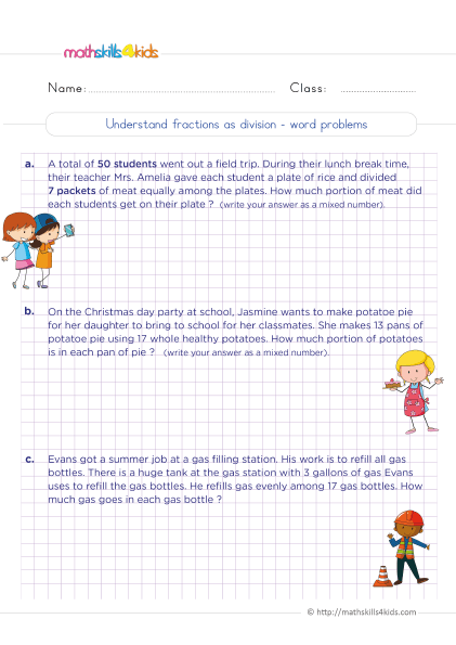 5th Grade Math worksheets with answers - understanding fractions as division word problems