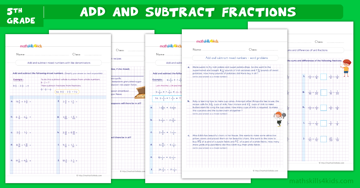 5th grade math worksheets - addition and subtraction of fractions worksheets for grade 5