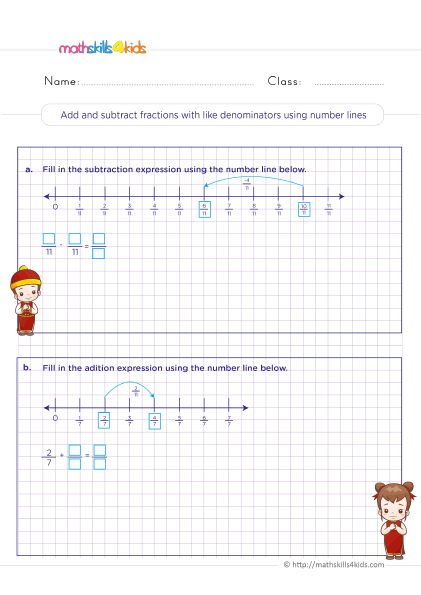 5th Grade Math worksheets with answers - adding and subtracting fractions using a number line