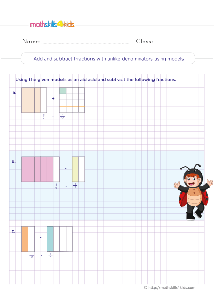 5th Grade Math worksheets with answers - adding and subtracting mixed numbers with unlike denominators