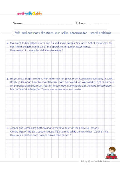 5th Grade Math worksheets with answers - Add and subtract fractions with unlike denominators word problems