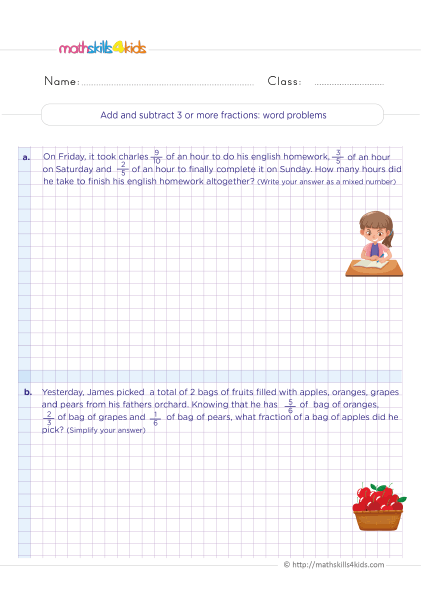 5th Grade Math worksheets with answers - Adding and subtracting 3 or more fractions word problems