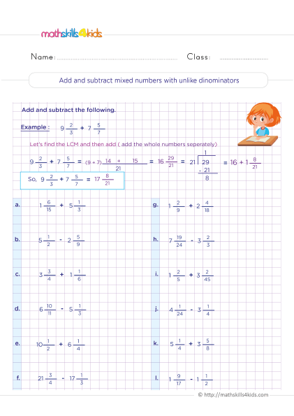 Adding and subtracting fractions worksheets for Grade 5 - Adding and subtracting mixed numbers with unlike denominators