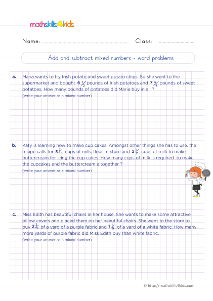 5th Grade Math worksheets with answers - Adding and subtracting mixed numbers word problems