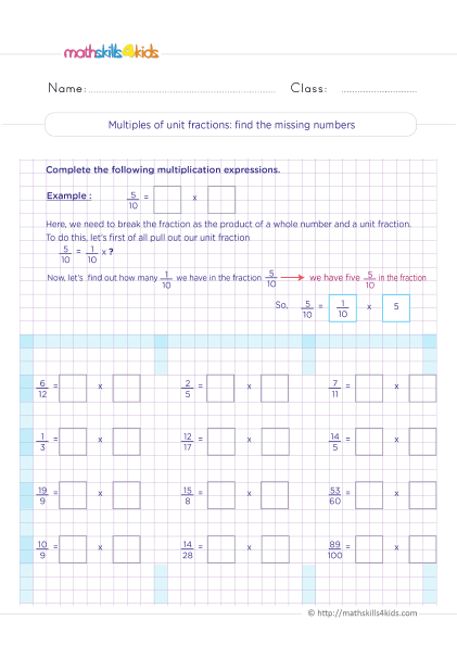 5th Grade Math Worksheets with Answers: Multiplying Fractions - multiplying unit fractions find the missing numbers