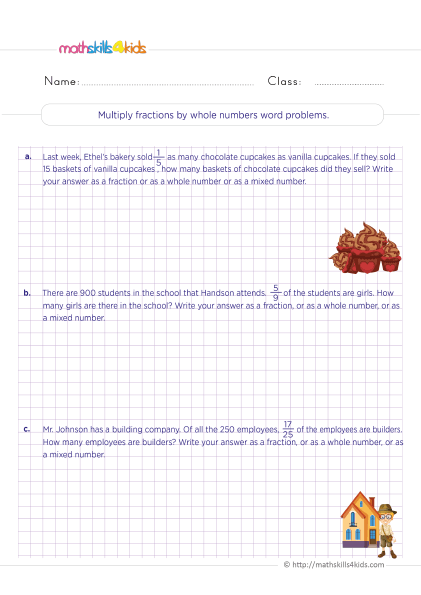 5th Grade Math worksheets with answers - Multiplying fractions by whole numbers word problems
