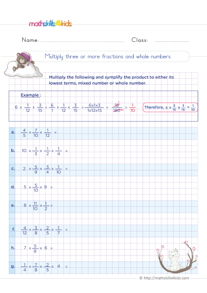 5th Grade Math worksheets with answers - Understanding how to multiply three or more fractions with whole numbers together