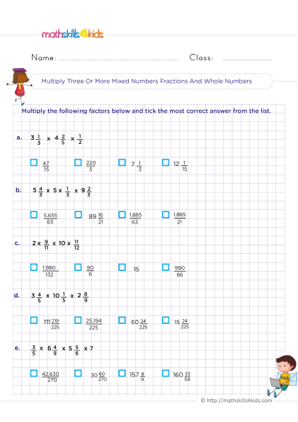 5th Grade Math worksheets with answers - Multiplying three or more mixed numbers fractions and whole numbers