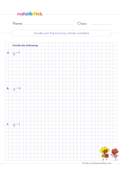 5th Grade Math worksheets with answers - dividing whole numbers by unit fractions using models