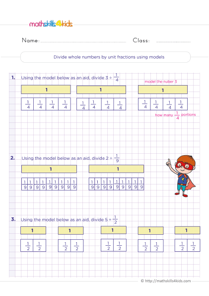 Printable Grade 5 worksheets with answers: Dividing fractions