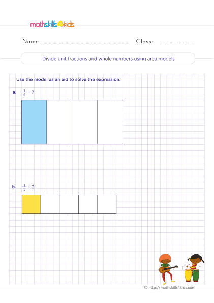 5th Grade Math worksheets with answers - Dividing unit fractions with whole numbers using area models