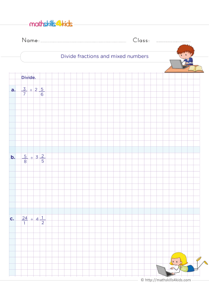 5th Grade Math worksheets with answers - How to divide fractions and mixed numbers step by step?