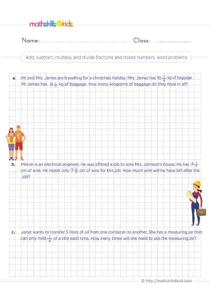 5th Grade Math worksheets with answers - Add subtract multiply divide fractions with mixed numbers word problems