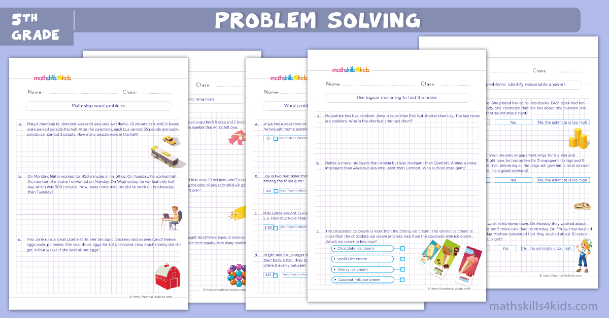 5th Grade math problems worksheets with answers - Math problems for 5th graders with solutions