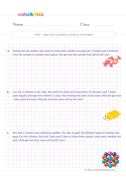 5th Grade math problems worksheets with answers: Practice makes perfect - Multi-step word problems involving remainders