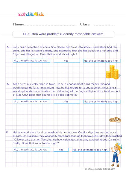 5th Grade math problems worksheets with answers: Practice makes perfect - Multi-step word problems: identifying reasonable answers