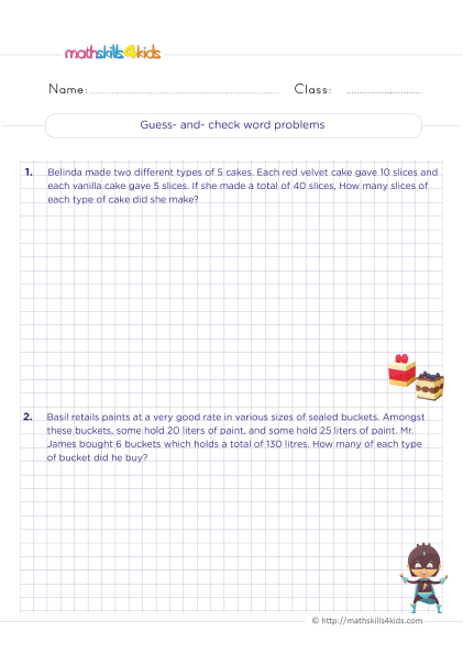 5th Grade math problems worksheets with answers: Practice makes perfect - Solving guest and ckeck word problems