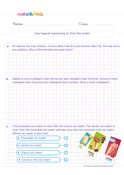 5th Grade Math worksheets with answers - Using of logical and analytical reasoning to find the order