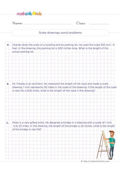 Grade 5 Math Worksheets: Ratio, Equivalent Ratios, and Rates - Scale drawing word problems