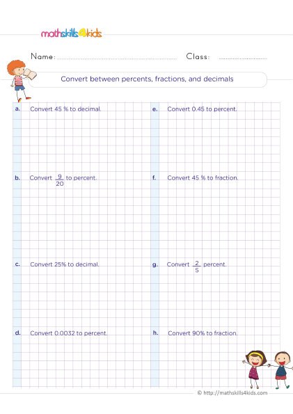 5th Grade Math worksheets with answers - Convert between percents fractions and decimals