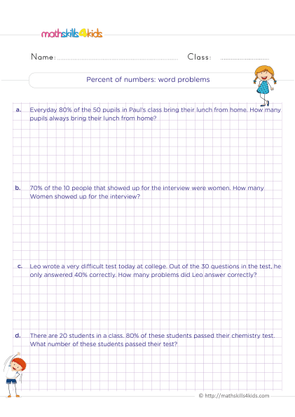 Grade 5 math percentage worksheets: Converting fractions, decimals - Percents of numbers word problems
