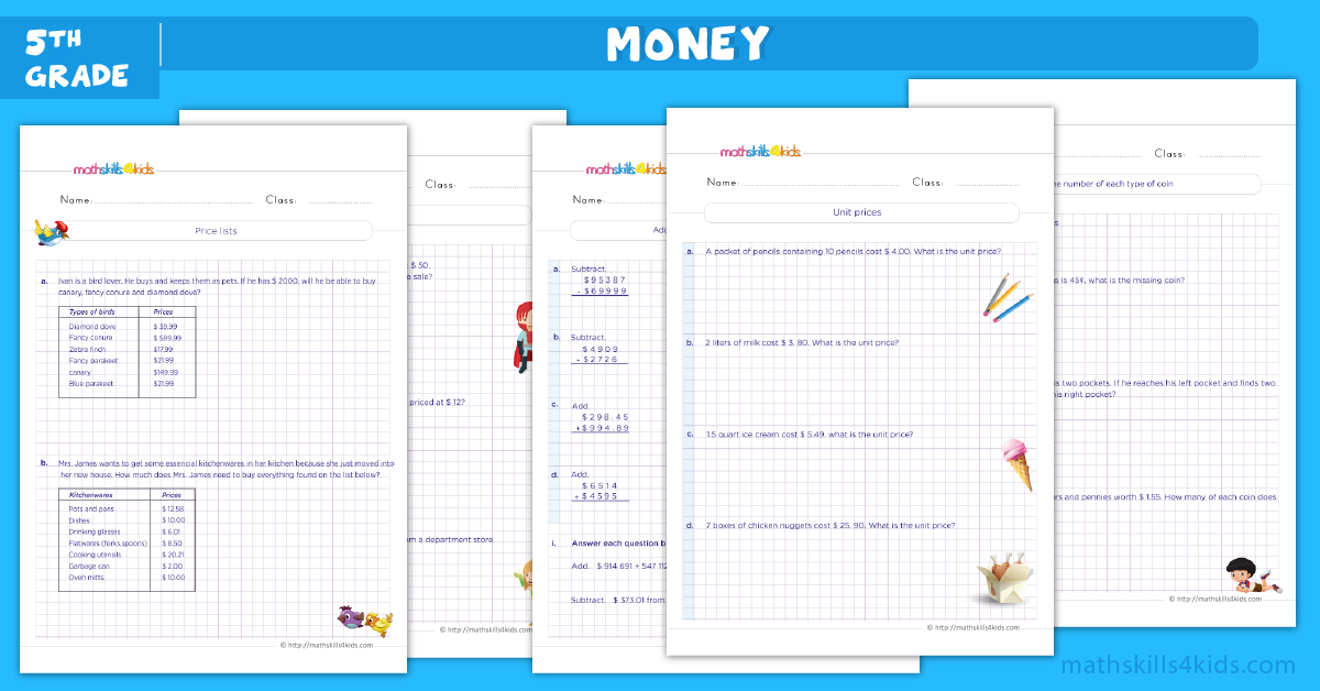 Money word problems worksheets for grade 5 - Money word problems with solutions and answers
