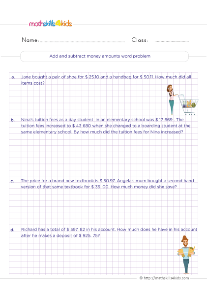 Grade 5 money math worksheets: Word problems with solutions - Adding and subtracting money amounts word problems